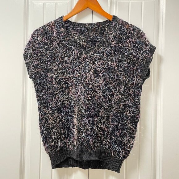 Vintage Handknit Black Rainbow Confetti Crochet Sweater Tee - Picture 3 of 12